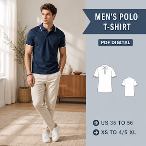 May include: Navy blue polo shirt with white trim, paired with khaki pants and white sneakers. The image includes the text "MEN'S POLO T-SHIRT" and "PDF DIGITAL". Also shown are size options: US 35 to 56 and XS to 4/5 XL.
