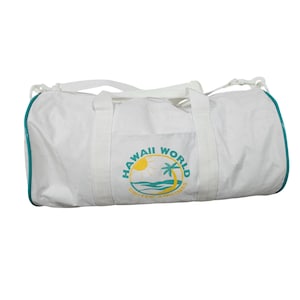 May include: White duffel bag with teal trim and a pocket featuring the words "Hawaii World" and a tropical design. The bag has white handles and a shoulder strap, perfect for travel or gym use.