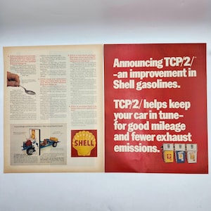 May include: A vintage advertisement for Shell gasoline featuring the text "Announcing TCP/2 - an improvement in Shell gasolines." The ad highlights benefits like good mileage and fewer exhaust emissions. The Shell logo is also visible.