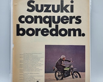 Vintage 1973 Suzuki Conquers Boredom Motorcycle LIFE Magazine Print Ad