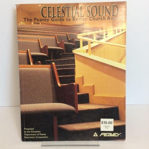 May include: A book titled "CELESTIAL SOUND" with the subtitle "The Peavey Guide to Better Church Audio." The cover features a church interior with rows of pews and a staircase. The Peavey logo and a price tag are visible.