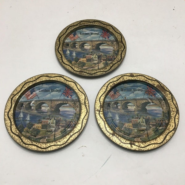 Vintage London Bridge Lake Havasu Arizona USA Britain Tin Drink Coasters 3pcs