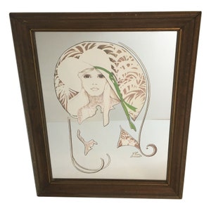 William Tara Art Lithograph Wall Mirror Fashion Lady Wide Brimmed Hat Lace Dress