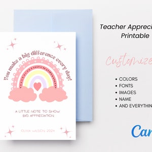 Teacher Thank You Card Printable, End of School Year Instant Download ...