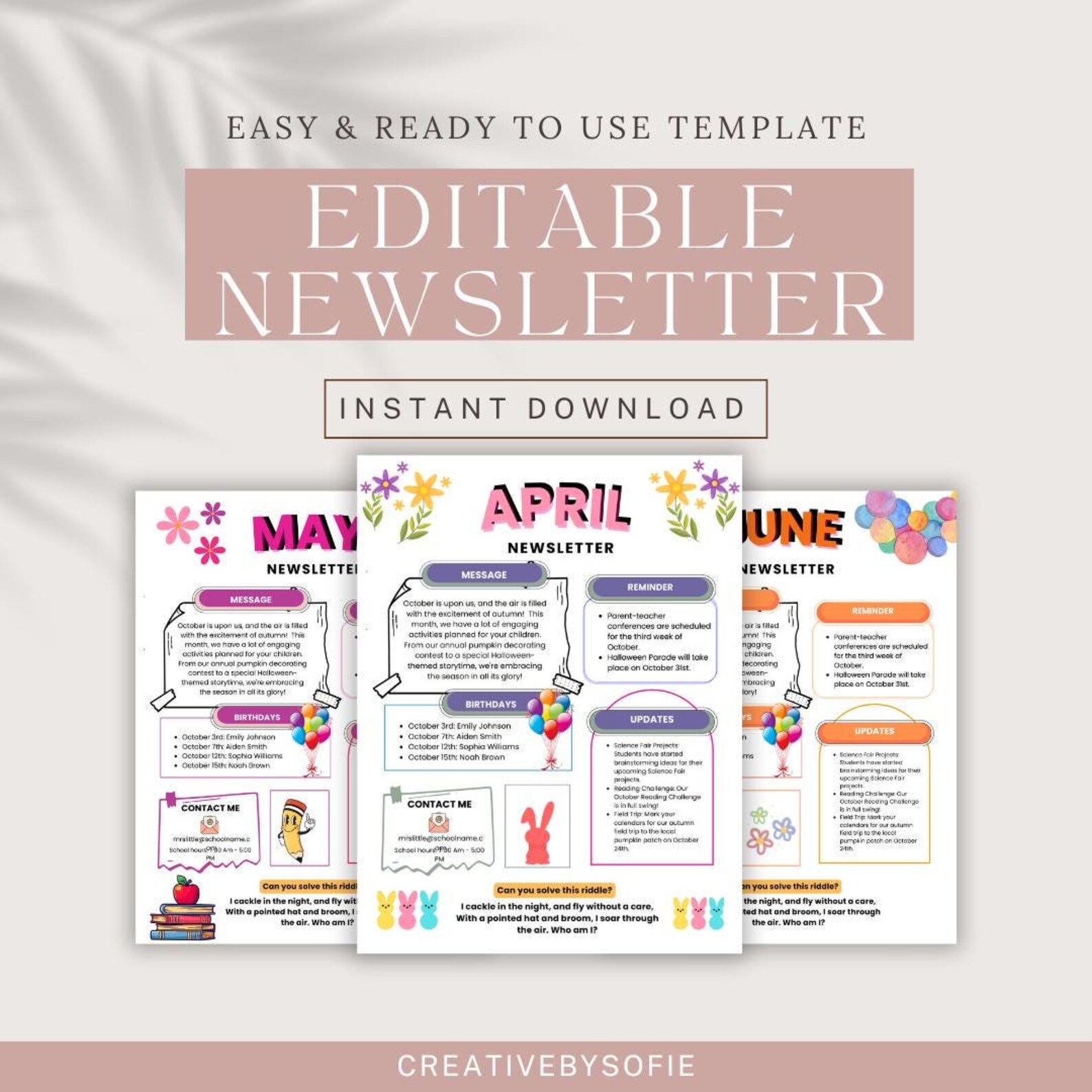 Newsletter Template, Editable Newsletter, Monthly Newsletter, School ...