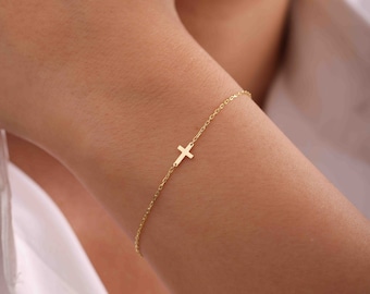 Pulsera de cruz pequeña de oro de 14K, pulsera de cruz delicada de plata, regalo de bautismo, regalo cristiano, pulsera religiosa, regalo para mamá, regalo para ella