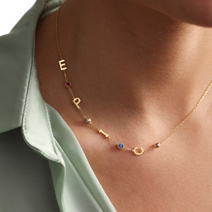 Collar de letras iniciales laterales de oro personalizado, colgante de piedra de nacimiento, regalo del día de San Valentín, collar de piedra de nacimiento familiar, regalo del día de la madre