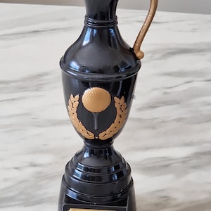 Personalized 25 cm  antique black and gold coloured claret jug. Ideal golf award/trophy