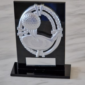Personalised unisex 13 cm black glass and cast resin golf trophy. Ideal golf award, gift for golfer or ornament
