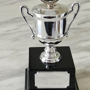 Personalised 20cm silver nickel plated cast golf cup trophy on black base, ideal golf award/prize