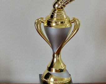 Personalised badminton shuttlecock cup trophy with black base. Silver & Gold colour. Ideal desk item, collector's item, badminton  award