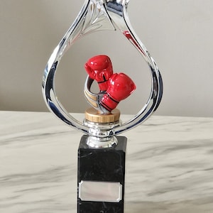 Trofeo personalizzato di guantoni da boxe da 30 cm con cornice argentata e montato su un piedistallo in marmo nero. Premio/premio di boxe ideale