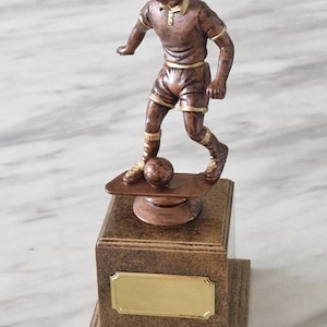 Personalised 20 cm antique gold and bronze coloured soccer figurine trophy. Ideal football prize, gift / ornament
