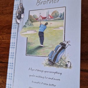 Bruder Geburtstagskarte mit Golf Motiv mit Golf Motiven innen und außen, in Cellophan verpackt mit blauem Umschlag