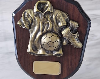 Personalised handcrafted 19 cm polished & grained walnut soccer football shield trophy with 3D bronze cast resin jersey, boot and ball