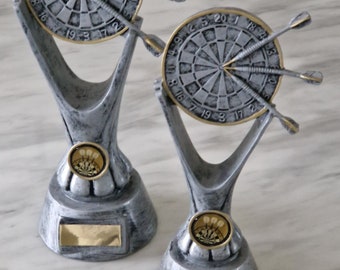 Personalised cast resin antique silver & gold coloured dartboard trophy. Comes in 2 sizes.  Ideal dart&#39;s prize, desk top item or ornament