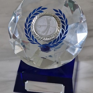 Personalised heavy 12 cm optical & blue crystal diamond golf trophy in padded  lidded box. Ideal golf award, desktop item, gift or ornament