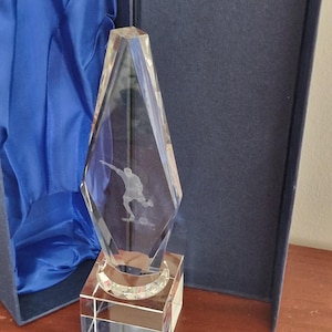Personalised premium 23 cm diamond crystal soccer football trophy with laser etching. comes in satin lined box.