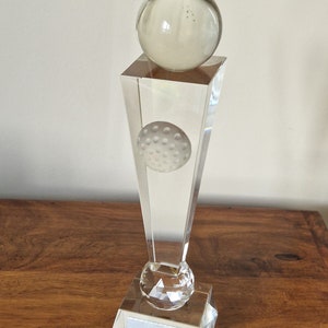 Personalised premium 30 cm optical crystal golf ball trophy, comes in satin lined box, engraved free.