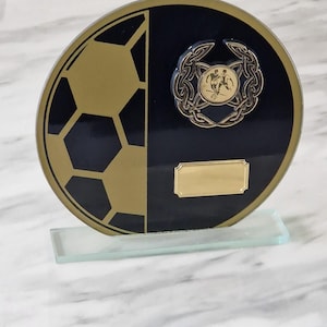 Personalised 18 cm black and gold coloured glass soccer trophy/award. Ideal football award, gift or desktop item