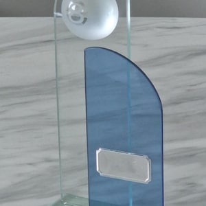 Puede incluir: Un trofeo de vidrio transparente con una esfera de vidrio esmerilado y un acento azul. El trofeo tiene una base rectangular y una placa de identificación plateada. El diseño es moderno y elegante.