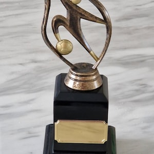 Personalised bronze & gold abstract soccer figurine trophy on handcrafted black pedestal. Ideal football prize, Christmas gift or ornament
