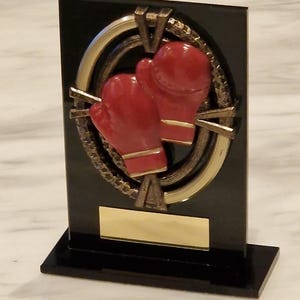 Trofeo da boxe personalizzato da 13 cm in vetro specchiato nero con guantoni da boxe in resina fusa. Ideale come premio, regalo o ornamento per la boxe.