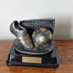 Personalised heavy football boot, soccer ball  and goal post trophy. Great soccer trophy, desktop item, football presentation award.