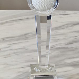 Personalised 24 cm optical & cut crystal golf trophy , comes in satin lined box, engraved free.