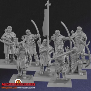 May include: A set of nine grey plastic miniature figures of medieval archers, each holding a bow and arrow. The figures are posed in various stances, some with their bows drawn and others with their arrows nocked. One figure is holding a flag with a fleur-de-lis design. The figures are all standing on small square bases.