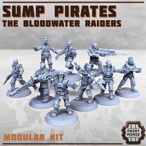 May include: A set of 9 grey plastic miniature figures of sump pirates, the Bloodwater Raiders, in a modular kit. The figures are posed in various action poses, holding weapons such as guns, swords, and axes. The figures are standing on round bases.