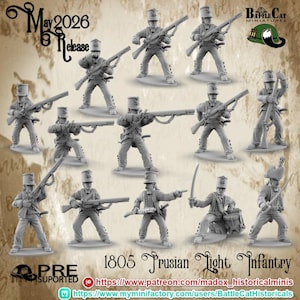 May include: A collection of gray miniature Prussian Light Infantry figures from 1805, in various action poses, holding rifles and swords. The image includes text that reads "May 2026 Release" and "PRE SUPPORTED".