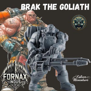 May include: A grey miniature figure of a muscular character holding a large weapon, with the text "BRAK THE GOLIATH" above. The background features a painted illustration of the same character. The Fornax Indus logo is visible.