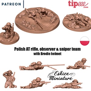 Könnte beinhalten: Satz von fünf 3D-gedruckten Miniaturfiguren polnischer Soldaten in Uniformen aus der Zeit des Zweiten Weltkriegs, die Gewehre halten und in verschiedenen Kampfpositionen posieren. Die Figuren sind in brauner Farbe bemalt und vor einem weißen Hintergrund platziert. Der Text "Polish AT rifle, observer & sniper team with Brodie helmet" ist unter den Figuren sichtbar.