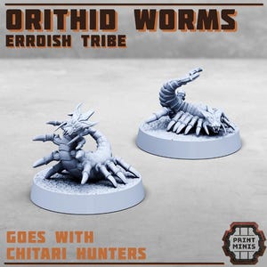 May include: Two light grey Orithid Worms miniatures from the Erroish Tribe, posed on circular bases. The text "ORITHID WORMS" and "ERROISH TRIBE" are displayed at the top. The text "GOES WITH CHITARI HUNTERS" is at the bottom.