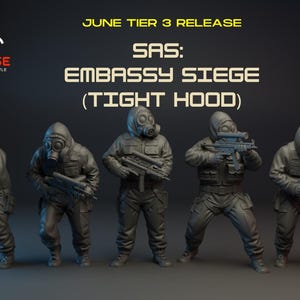 May include: An image showing five figures in tactical gear, including gas masks and hooded uniforms, holding weapons. The text reads "JUNE TIER 3 RELEASE" and "SAS: EMBASSY SIEGE (TIGHT HOOD)". The figures are in a combat-ready stance.