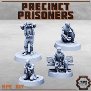 May include: Four gray miniature figures of prisoners in various poses. The figures are on circular bases and are wearing vests and helmets. The text "PRECINCT PRISONERS" is at the top, and "NPC KIT" is at the bottom.