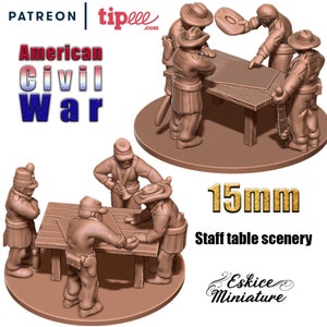May include: A 15mm scale staff table scenery set for wargaming. The set includes five figures of soldiers in brown uniforms, a wooden table, and a map. The figures are posed in a meeting around the table.