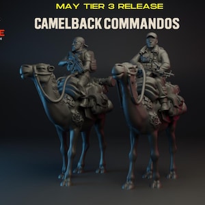 Peut inclure: Représentation numérique de deux commandos à dos de chameau. Chaque soldat est armé et chevauche un chameau. Le texte indique "MAY TIER 3 RELEASE" et "CAMELBACK COMMANDOS". Le logo Turnbase est visible.