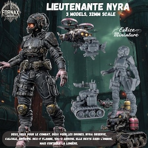 Może przedstawiać: Reklama zestawu figurek miniaturowych zatytułowanego „Lieutenant Nyra”. Obraz przedstawia w pełni ubraną postać w czarnym sprzęcie taktycznym oraz kilka miniaturowych modeli pojazdów i figurek. Tekst brzmi „3 modele, skala 32 mm”.