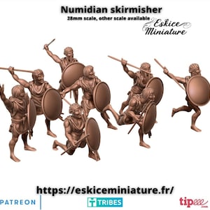 May include: Seven 28mm scale plastic miniatures of Numidian skirmishers, painted in a bronze color, holding spears and shields. The miniatures are posed in various fighting stances. The image includes the text "Numidian skirmisher 28mm scale, other scale available Eskice Miniature"