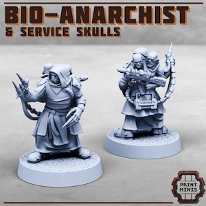 May include: Two grey miniature figures of hooded characters with weapons and mechanical details. The figures stand on round bases. The text "BIO-ANARCHIST & SERVICE SKULLS" is displayed at the top of the image.