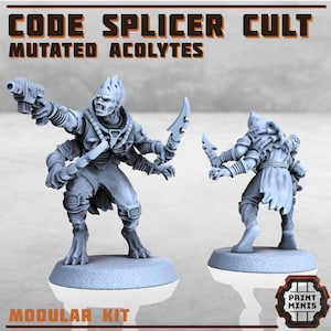 Może przedstawiać: Dwie 3D-drukowane figurki zmutowanych humanoidów z dodatkowymi kończynami i bronią. Figurki są częścią modułowego zestawu "Code Splicer Cult Mutated Acolytes". Figurki są pomalowane na jasnoszary kolor.