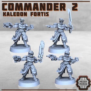 Könnte beinhalten: Vier graue Miniaturfiguren eines Kommandeurs in Militäruniform, der Waffen hält. Die Figuren stehen auf kreisförmigen Sockeln. Der Text "COMMANDER 2" und "KALEDON FORTIS" befindet sich oben im Bild.