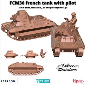 Puede incluir: Un modelo impreso en 3D de un tanque francés FCM36 con una figura de piloto. El tanque es marrón y tiene un diseño detallado. El piloto lleva un casco y sostiene un mapa. El modelo está a escala de 28 mm y es redimensionable. El modelo está disponible en formatos .stl y presoportados.