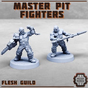 Peut inclure: Deux figurines grises de combattants musclés. L'une tient une tronçonneuse, l'autre une arme à lames. Le texte "MASTER PIT FIGHTERS" et "FLESH GUILD" sont affichés au-dessus et en dessous des figurines, respectivement.