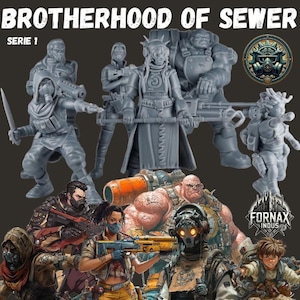 May include: A set of 10 grey plastic miniature figures, depicting characters from a dystopian sci-fi setting. The figures are posed in various action poses, holding weapons and tools. The figures are labeled "Brotherhood of Sewer, Serie 1" and "Fornax Indus".