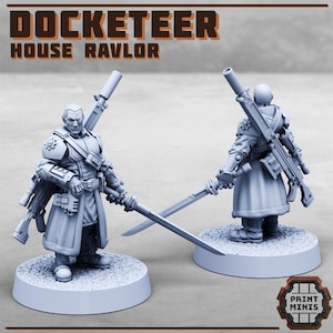 May include: Two gray miniature figures of a futuristic warrior, one facing forward and the other from the back. The figures are armed with rifles and swords. The text "DOCKETEER HOUSE RAVLOR" is at the top of the image.
