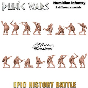 May include: Eight different plastic miniature figures of Numidian infantry from the Punic Wars. The figures are in various poses, holding spears and shields. The text "Punic Wars" and "Numidian infantry" is visible at the top of the image. The text "8 differents models" is also visible. The text "Epic History Battle" is visible at the bottom of the image.