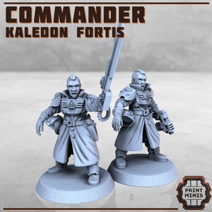 Puede incluir: Dos figuras en miniatura grises de un comandante, una con un arma grande y la otra con un arma más pequeña. Las figuras visten abrigos largos y armaduras con el texto "COMMANDER KALEDON FORTIS" en la parte superior. Las figuras están sobre una base gris.